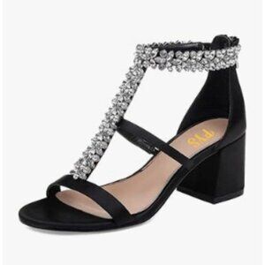 FYS Black Bling Rhinestone T-Strap Open Toe Gladiator Block Mid Heels Sandals